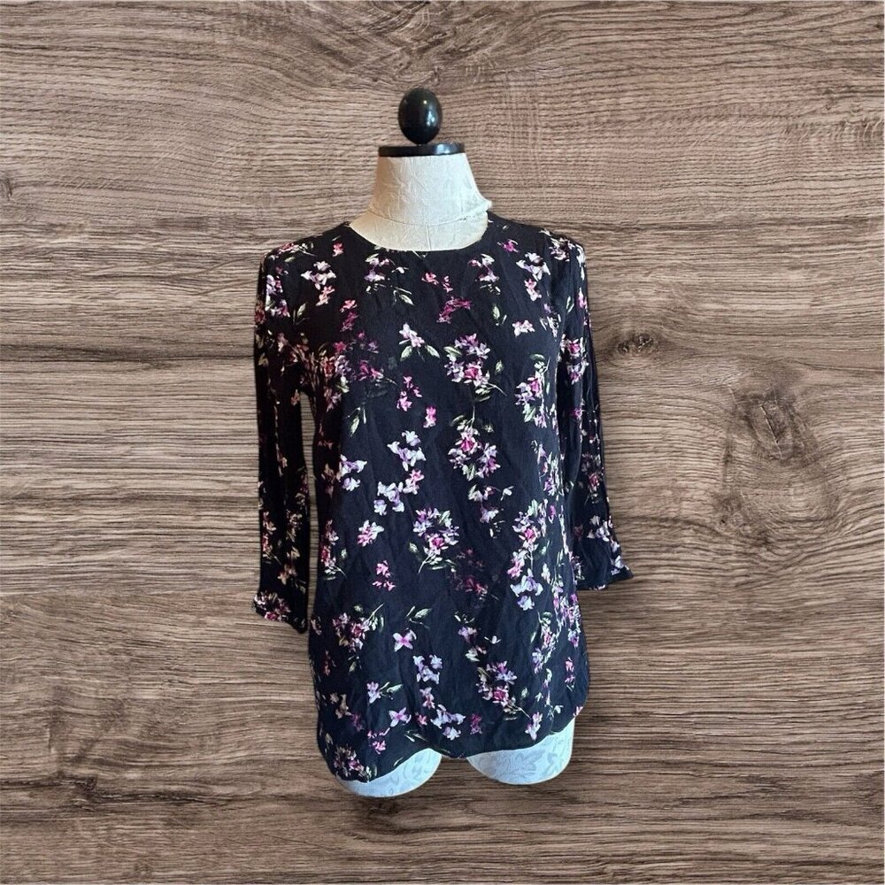 J. Jill Women's Black Floral 3/4 Sleeve Blouse Size XS‎ Corporate Witchy